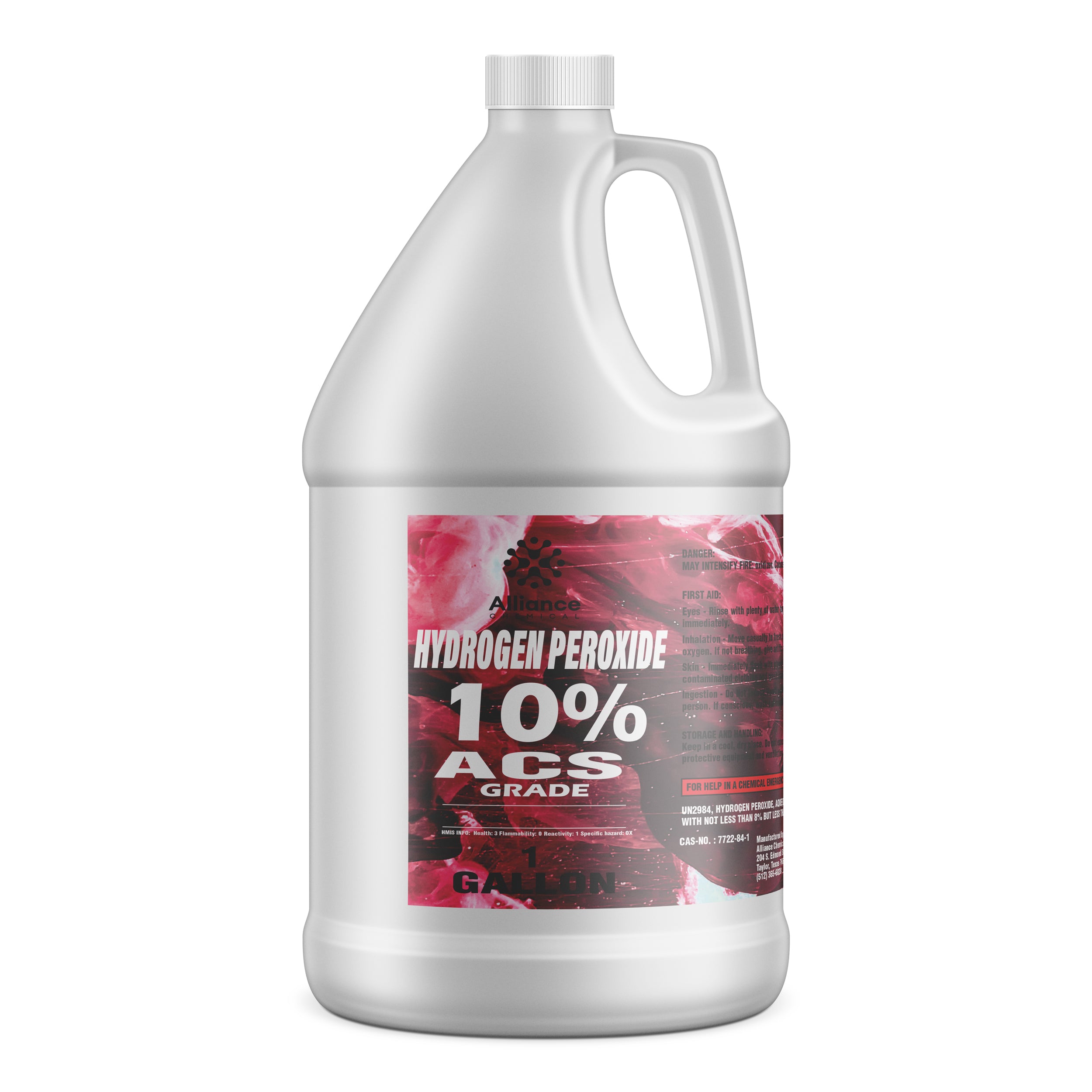 One-gallon white HDPE container of 10% ACS-grade hydrogen peroxide with red warning label, ribbed safety cap, and integrated handle.